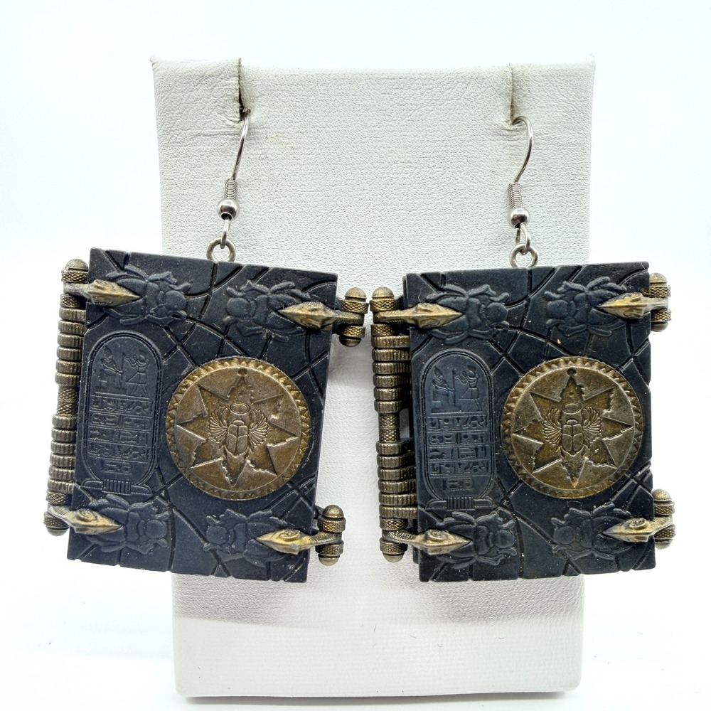 Vintage Y2K Egyptian Book of the Dead Book Charm Dangle Earrings Scarab Beetle
